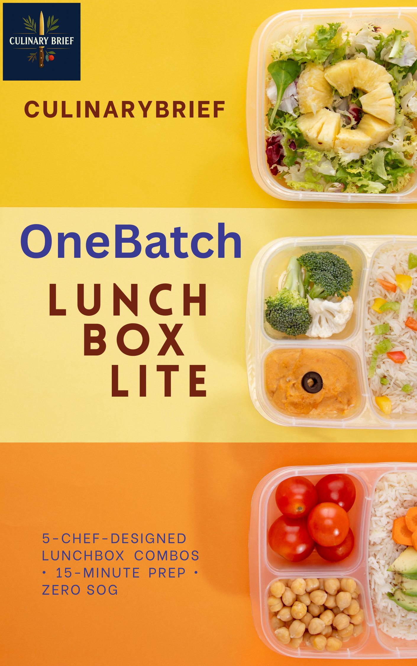 OneBatch Lunchbox Lite printable PDF cover — chef-designed meal prep guide with five grab-and-go lunchbox combos, container guide, and grocery list.