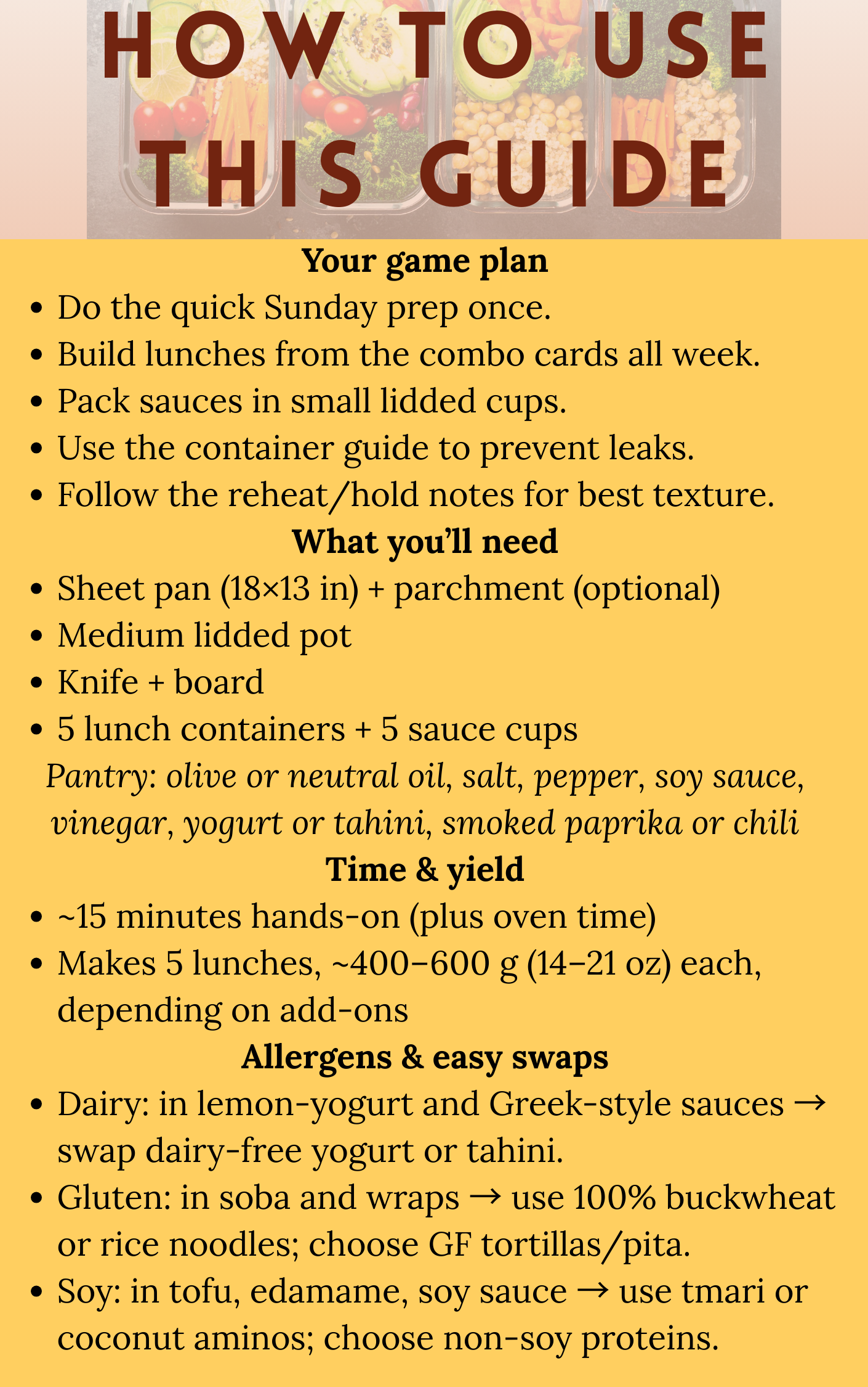 Lunchbox Lite instruction sheet—prep flow, sauce tips, container guide for leak-free lunches