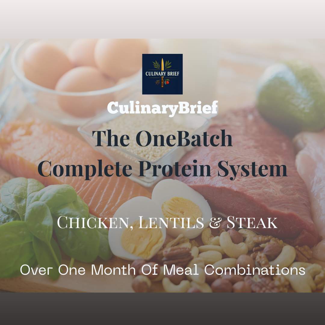 OneBatch Complete Protein Bundle printable PDF cover — three digital meal prep guides in one bundle featuring Steak Week, Chicken Week, and Vegetarian Lentil Week with batch-cook workflows and grocery lists.