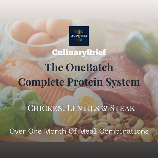 OneBatch Complete Protein Bundle printable PDF cover — three digital meal prep guides in one bundle featuring Steak Week, Chicken Week, and Vegetarian Lentil Week with batch-cook workflows and grocery lists.