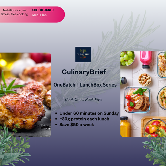 OneBatch Lunchbox Series printable PDF cover — complete digital meal prep guide with 5+ healthy lunchbox combos, batch-cook workflows, container guide, and grocery lists.