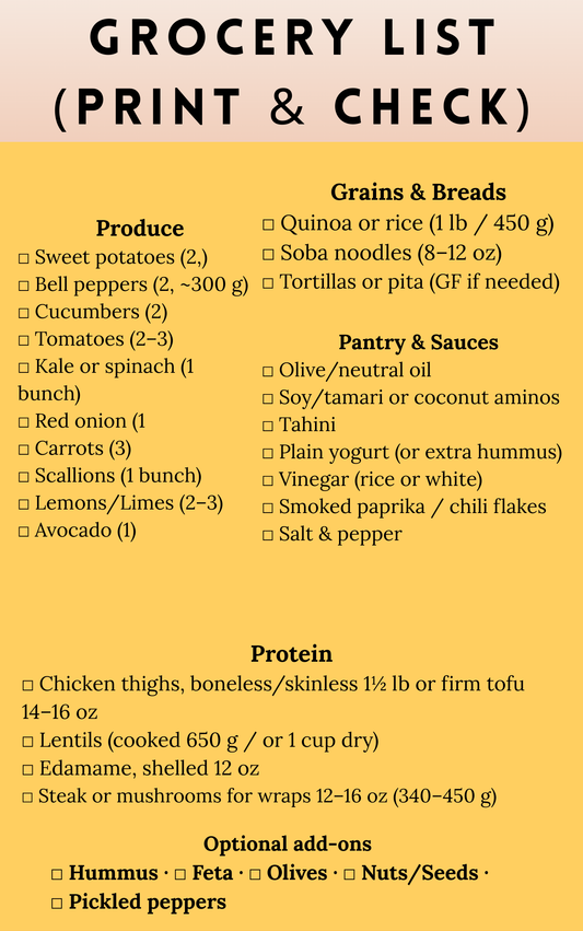 Grocery list checklist with produce/protein/grains sections for Lunchbox Lite, printable PDF